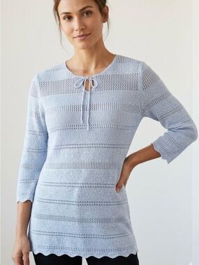 Denim & Company Light Pink Knit Tie-Neck Pointelle Sweater Size Large